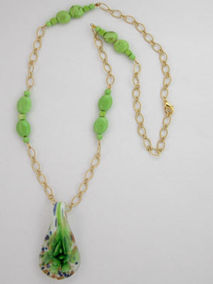 Green Pendant and 
	  Beads on Gold Chain