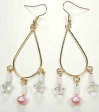 gold wire earrings with pink pearl and Swarovski crystal