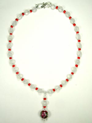 frosted quartz and red glass necklace